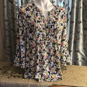 Charter Club Blue and Pink Pleated Blouse with Mandarin Collar